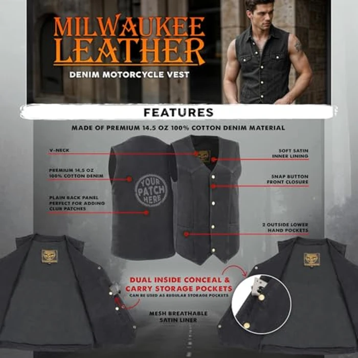 Milwaukee Leather DM1310 Men's Black Classic Denim Western Style Cowboy Biker Vest w/Snap Button Closure - 5X-Large by Milwaukee Leather - Image 2