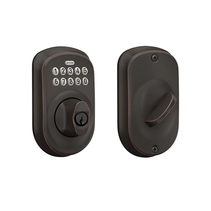 Schlage Plymouth Keypad Deadbolt, Electronic Keyless Entry Lock, Aged Bronze, BE365 PLY 716 by SCHLAGE - Image 1