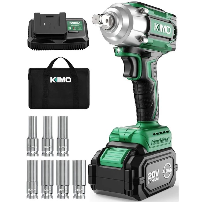 KIMO Cordless Impact Wrench, 1200N.m/900ft-lbs, 4000 RPM, 7Sockets High Torque Brushless Wrench with 3/8" Chuck, 4000mAh Li-ion Battery, Fast Charger, Variable Modes Power Impact Driver for Car Tires by K I M O. - Image 1