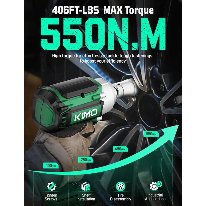 KIMO Cordless Impact Wrench, 1200N.m/900ft-lbs, 4000 RPM, 7Sockets High Torque Brushless Wrench with 3/8" Chuck, 4000mAh Li-ion Battery, Fast Charger, Variable Modes Power Impact Driver for Car Tires by K I M O. - Image 4