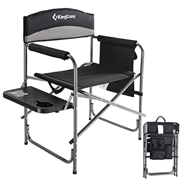 KingCamp Heavy Duty Director Chair with Side Table, Portable Folding Chair with Cup Holder and Storage Pocket for Outdoor, Camp, Patio, Lawn, Garden, Beach, Trip, Sports, Fishing,Black/MediumGrey by KingCamp - Used - Very Good condition - US$25.12