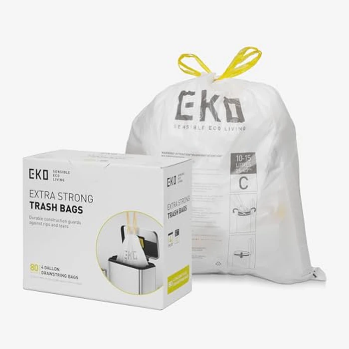 EKO Easy-Dispense Roll 80 Count Extra-Strong Drawstring Small Trash Bag, 4 Gallon Trash Bag (10-15L) 1 Pack White, Code C by EKO - Used - Good condition - CA$12.94