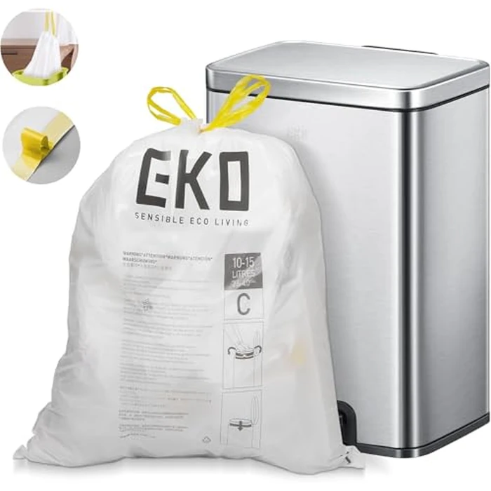 EKO Easy-Dispense Roll 80 Count Extra-Strong Drawstring Small Trash Bag, 4 Gallon Trash Bag (10-15L) 1 Pack White, Code C by EKO - Image 5