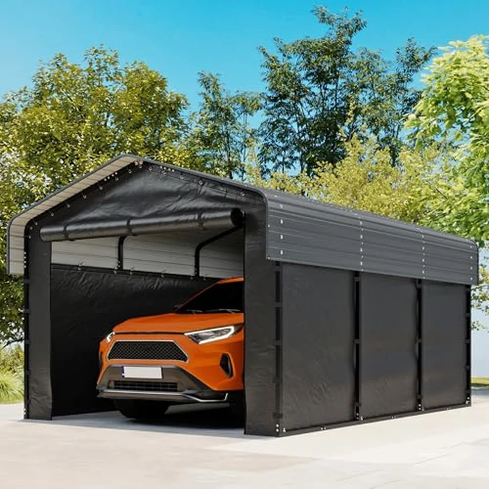 10x15FT Heavy Duty Metal Carport, Outdoor Carport Canopy with Galvanized Steel Roof and Reinforced Base,Removable Sidewalls & Door, Garage Shelter Shade for Cars,Trucks, Boats, Gray by Real Relax - Used - Very Good condition - CA$817.20