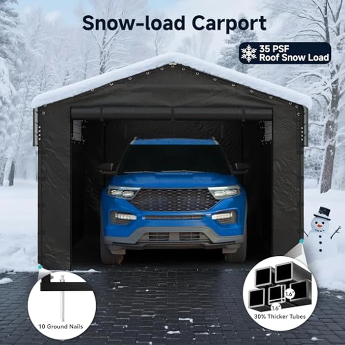 10x15FT Heavy Duty Metal Carport, Outdoor Carport Canopy with Galvanized Steel Roof and Reinforced Base,Removable Sidewalls & Door, Garage Shelter Shade for Cars,Trucks, Boats, Gray by Real Relax - Image 2