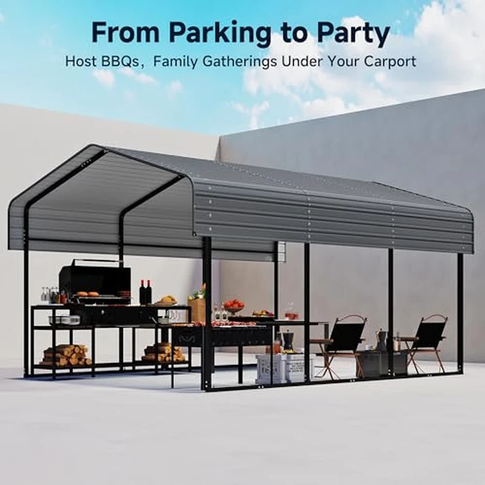 10x15FT Heavy Duty Metal Carport, Outdoor Carport Canopy with Galvanized Steel Roof and Reinforced Base,Removable Sidewalls & Door, Garage Shelter Shade for Cars,Trucks, Boats, Gray by Real Relax - Image 5
