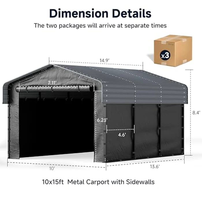 10x15FT Heavy Duty Metal Carport, Outdoor Carport Canopy with Galvanized Steel Roof and Reinforced Base,Removable Sidewalls & Door, Garage Shelter Shade for Cars,Trucks, Boats, Gray by Real Relax - Image 7