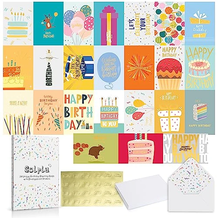 24 Unique Gold Foil Birthday Cards with Envelopes & Stickers | 4x6 Inches Blank Happy Birthday Cards Assortment in Bulk for Family, Kids, Work & Office Celebrations. by Solpla - Image 1