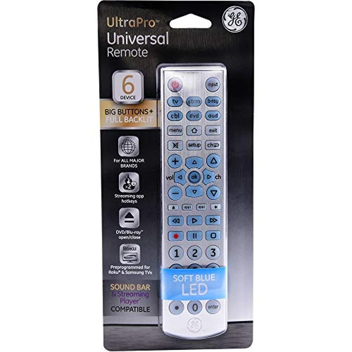 GE Big Button Backlit Universal Remote Control for Samsung, Vizio, Lg, Sony, Sharp, Roku, Apple TV, RCA, Panasonic, Smart TVs, Streaming Players, Blu-Ray, DVD, 6-Device, Silver, 33712 by GE - Used - Acceptable condition