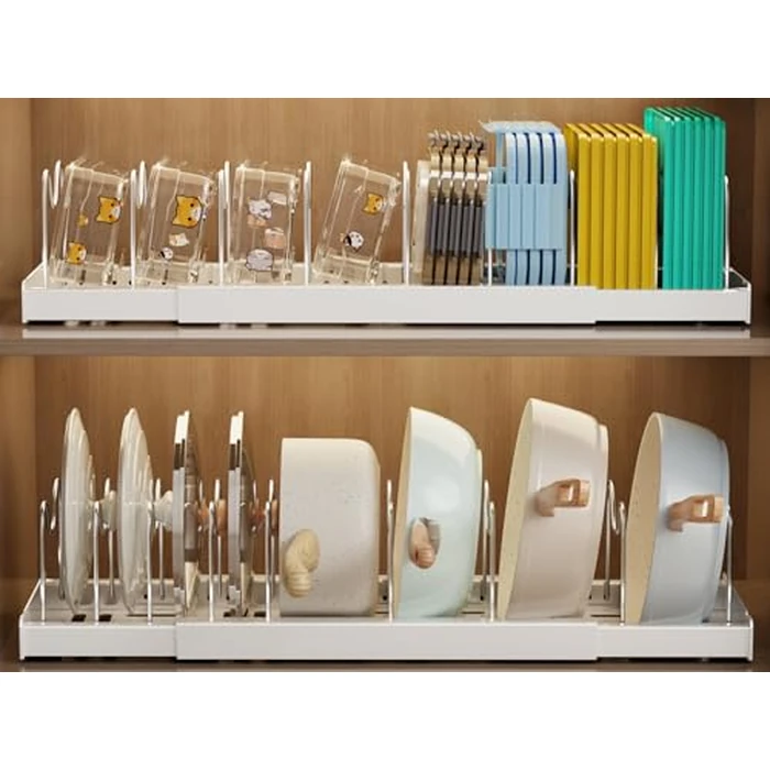 Mustorn 2 Pack Pots and Pans Organizer Under Cabinet, 22" Expandable Food Storage Container Lid Organizers with 9 Adjustable Dividers Pot and Pan Lid Holders Rack Inside Cabinet/Countertop(White) by Mustorn - Used - Like New condition