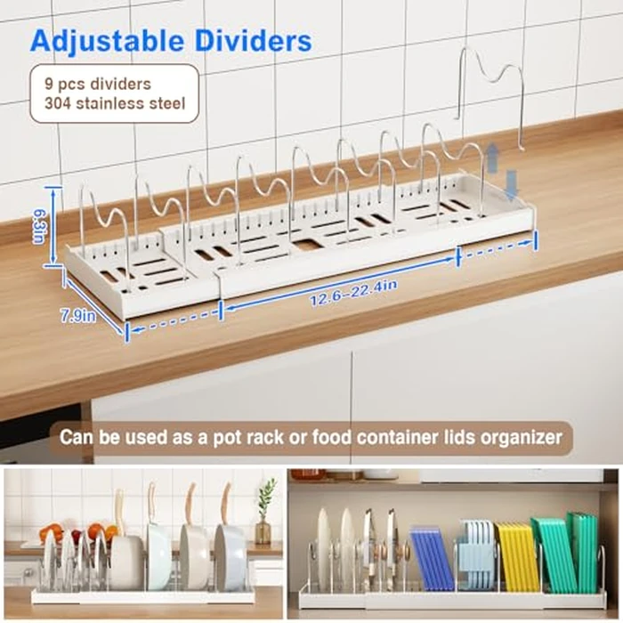 Mustorn 2 Pack Pots and Pans Organizer Under Cabinet, 22" Expandable Food Storage Container Lid Organizers with 9 Adjustable Dividers Pot and Pan Lid Holders Rack Inside Cabinet/Countertop(White) by Mustorn - Image 2