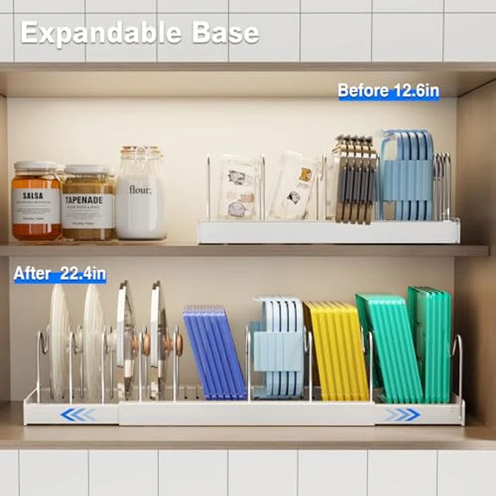 Mustorn 2 Pack Pots and Pans Organizer Under Cabinet, 22" Expandable Food Storage Container Lid Organizers with 9 Adjustable Dividers Pot and Pan Lid Holders Rack Inside Cabinet/Countertop(White) by Mustorn - Image 4