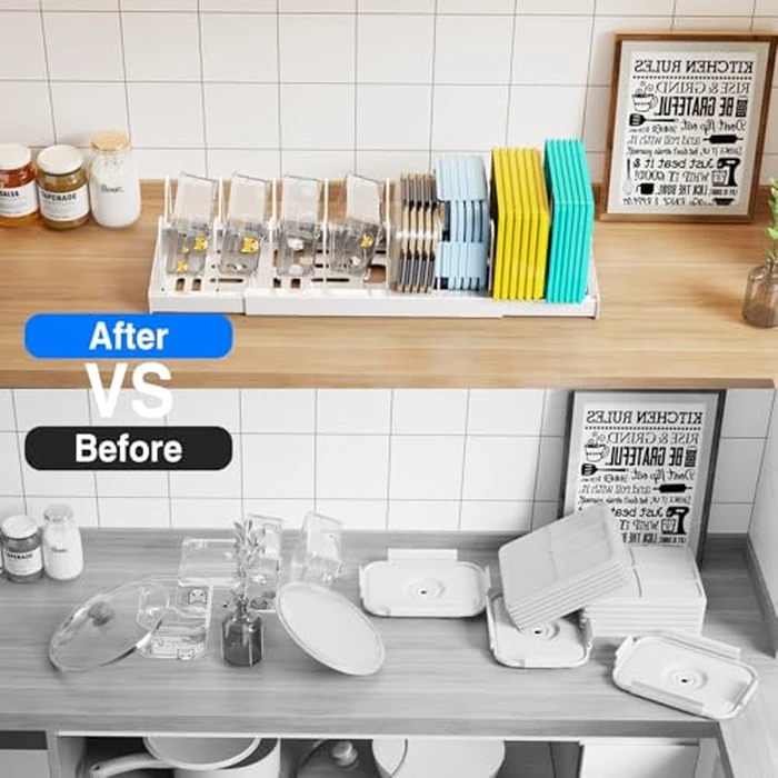 Mustorn 2 Pack Pots and Pans Organizer Under Cabinet, 22" Expandable Food Storage Container Lid Organizers with 9 Adjustable Dividers Pot and Pan Lid Holders Rack Inside Cabinet/Countertop(White) by Mustorn - Image 6