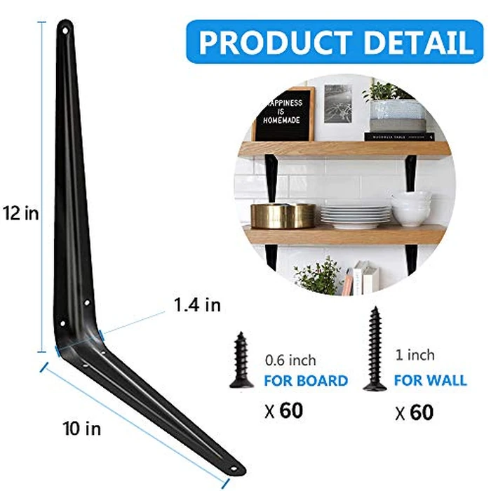 20 Pack Shelf Brackets 12 inches, Heavy Duty Black Iron Metal Floating Shelf Bracket, Rustic Farmhouse Decorative L Brackets for Shelves, Wall Mount Corner Brace for Wood Boards by Janyang - Image 3