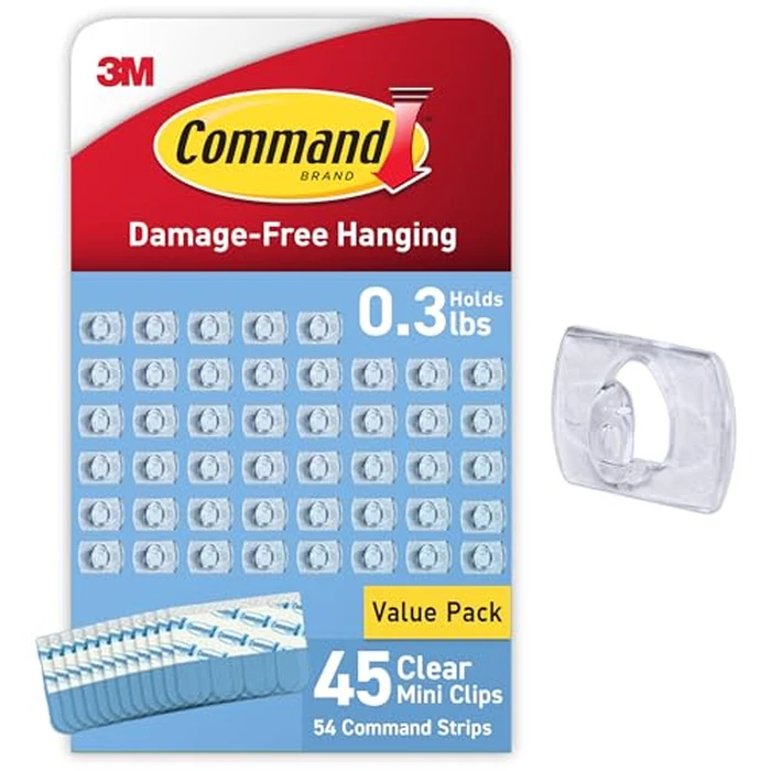 Command Clear Indoor Mini Light Clips Value Pack, 45 Clips, 54 Strips, Damage-Free String Light Hangers for Home, Room, Wall, Office, and Dorm Decor, Great for Cable Management, Holds up to 0.3 lb by Command - Used - Very Good condition - US$6.68