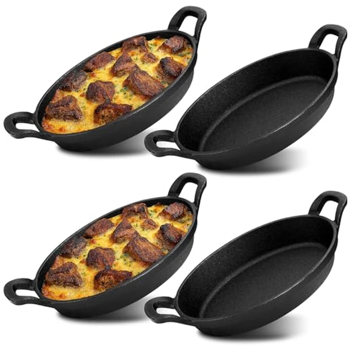 4 Pcs Oval Serving Dish Mini Cast Iron Skillet Cast Iron Baking Pan Sizzling Plate Matte Black Gratin Cookware for Home Restaurant Kitchen Food Service Barbecue (10.8" X 6.1") by GUHITOH - Used - Good condition - CA$30.55