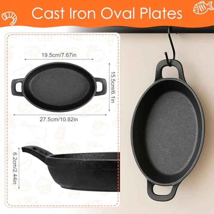 4 Pcs Oval Serving Dish Mini Cast Iron Skillet Cast Iron Baking Pan Sizzling Plate Matte Black Gratin Cookware for Home Restaurant Kitchen Food Service Barbecue (10.8" X 6.1") by GUHITOH - Image 2