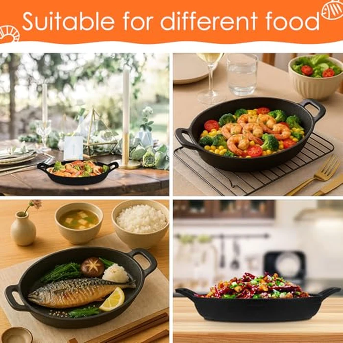 4 Pcs Oval Serving Dish Mini Cast Iron Skillet Cast Iron Baking Pan Sizzling Plate Matte Black Gratin Cookware for Home Restaurant Kitchen Food Service Barbecue (10.8" X 6.1") by GUHITOH - Image 4