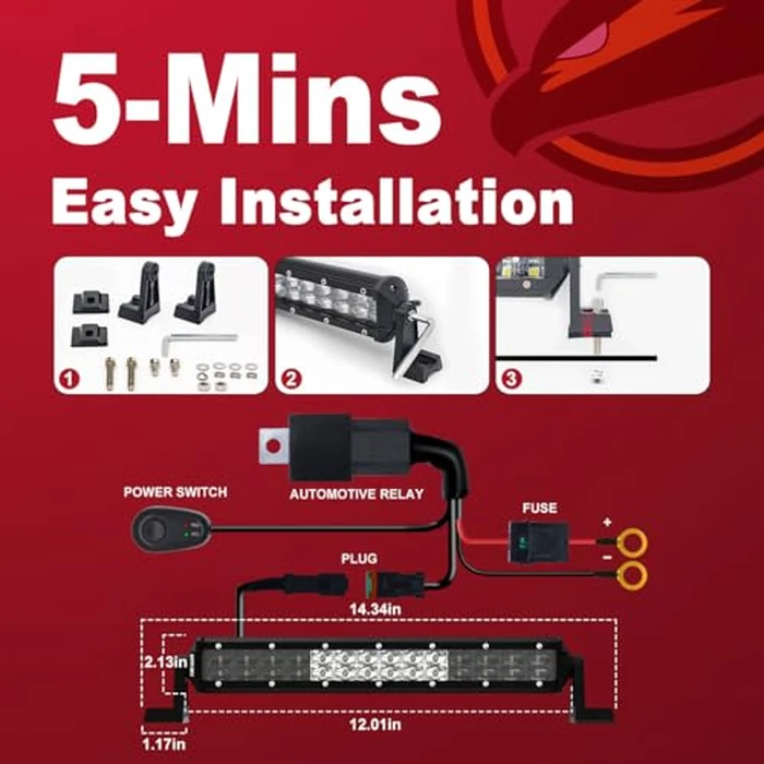 Firehawk LED Light Bar 12 Inch 40,000LM, 2026 New Japanese L-A-B Chips, Spot Flood Combo Beam, Driving Off Road Fog Work for Truck Pickup ATV UTV SUV Cart IP68 Waterproof with 12V Wiring Harness kit by Firehawk - Image 5