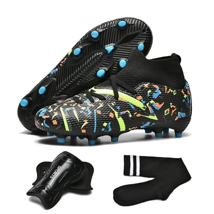 OKPHRA Kids Soccer Cleats Boys Girls Youth Football Shoes for Little/Big Kid Outdoor Indoor Firm Ground Athletic ，with Shin Guards and Soccer Socks Black 30 by OKPHRA - Image 1