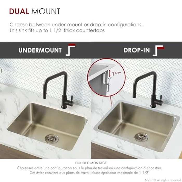 Stylish 23 x 18 Inch Drop in or Undermount Kitchen Sink 9 Inches Deep Single Bowl 30mm Radius Corners 18G Stainless Steel Sink with Standard Metal Strainer, S-203T by Stylish - Image 4