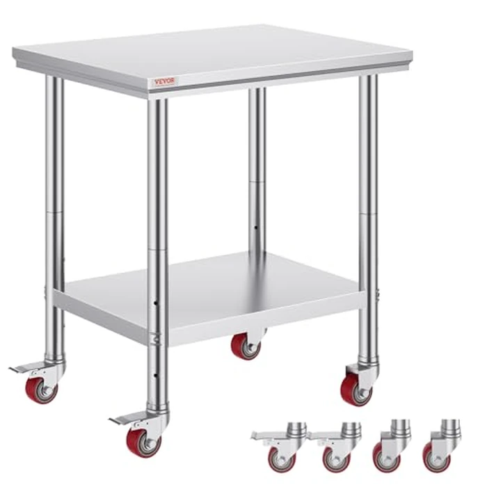 Mophorn Stainless Steel Work Table with Wheels 30 L* 24 W * 33 H Inch Prep Table with 4 Casters Heavy Duty Work Table for Commercial Kitchen Restaurant Business, Silver and Black by VEVOR - Used - Very Good condition - US$73.33