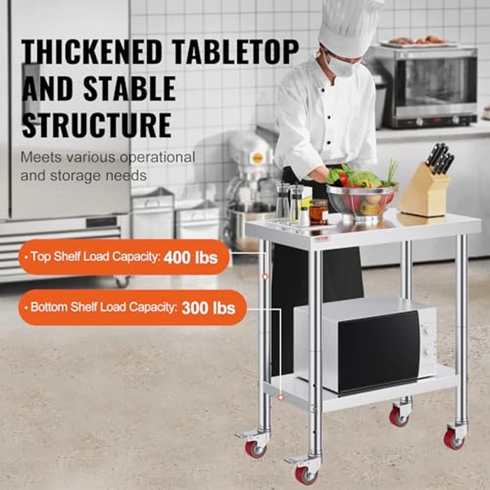 Mophorn Stainless Steel Work Table with Wheels 30 L* 24 W * 33 H Inch Prep Table with 4 Casters Heavy Duty Work Table for Commercial Kitchen Restaurant Business, Silver and Black by VEVOR - Image 3