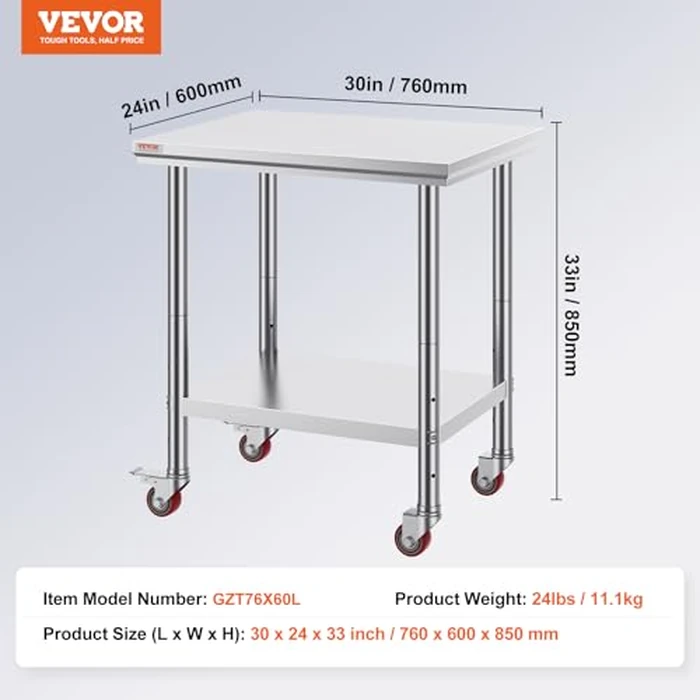 Mophorn Stainless Steel Work Table with Wheels 30 L* 24 W * 33 H Inch Prep Table with 4 Casters Heavy Duty Work Table for Commercial Kitchen Restaurant Business, Silver and Black by VEVOR - Image 7