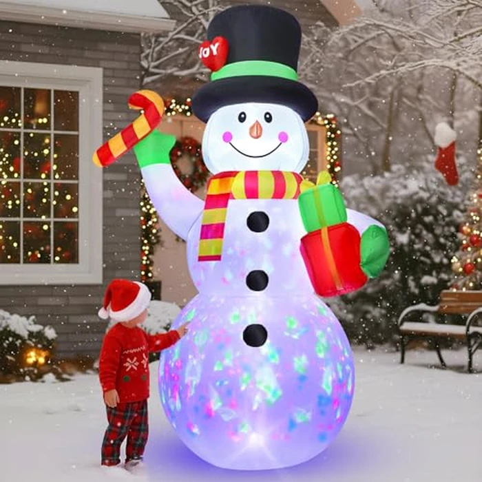 FunFanso 7 FT Christmas Inflatable Snowman Outdoor Decoration, Giant Blow up Snowman Holds Candy and Gift Boxes, Built-in Rotating Colourful Lights for Yard, Garden, Patio, Lawn Xmas Holiday Decor by FunFanso - Image 2