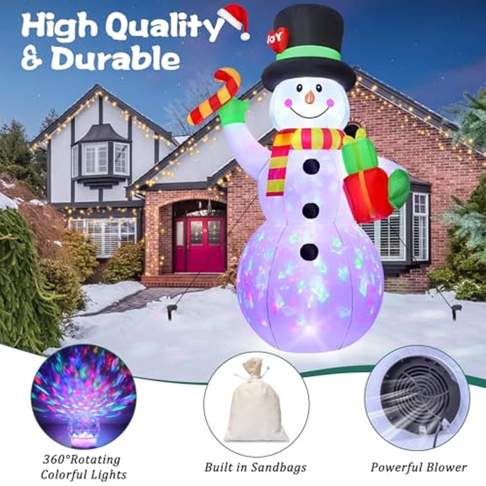FunFanso 7 FT Christmas Inflatable Snowman Outdoor Decoration, Giant Blow up Snowman Holds Candy and Gift Boxes, Built-in Rotating Colourful Lights for Yard, Garden, Patio, Lawn Xmas Holiday Decor by FunFanso - Image 3