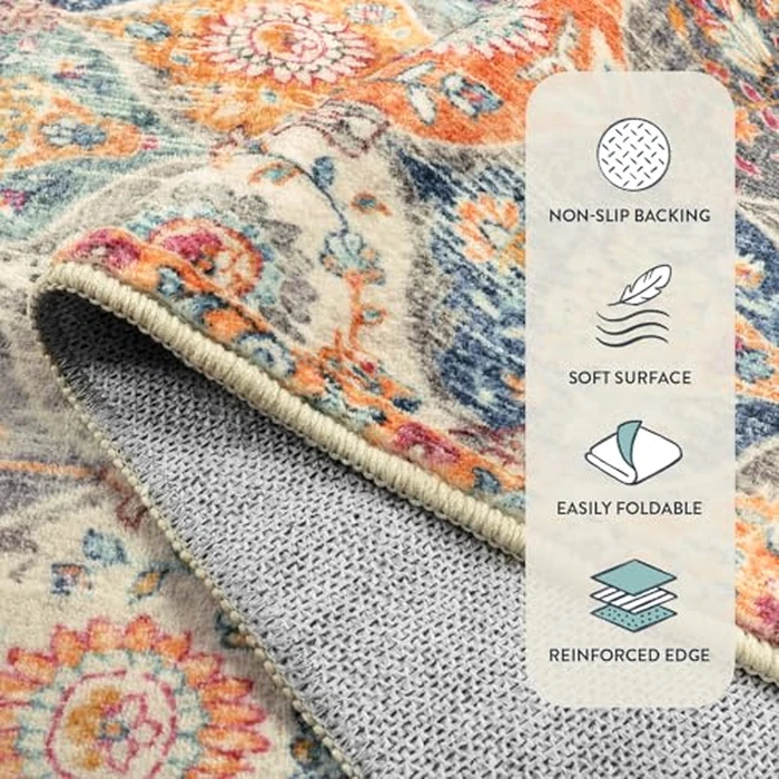 Lahome Moroccan Trellis Washable Rug, 2x3 Kitchen Rugs for Entryway Bathroom, Non-Slip Indoor Door Mat Ultra-Thin, Small Oriental Throw Carpet for Bedroom Entry Elise, Cream/Multi by Lahome - Image 7