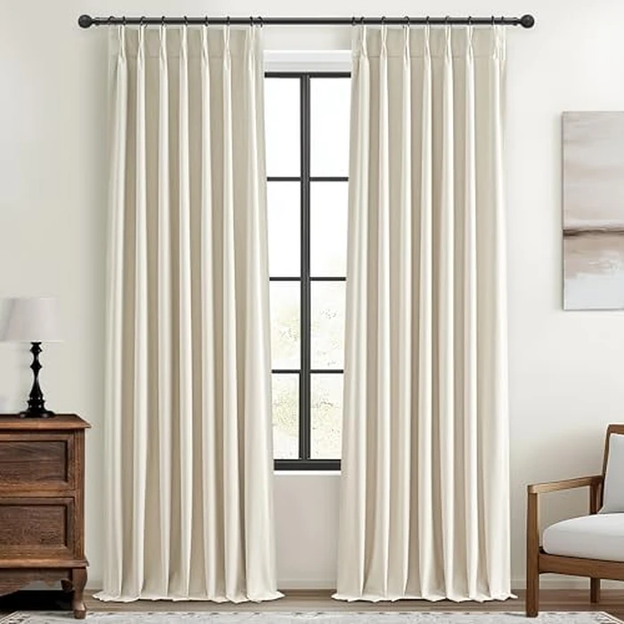 QJmydeco Pinch Pleat Cream Linen 102 Inch Long Curtains for Dining Room 2 Panels Set, Neutral Blackout Viral Curtain with Hooks Rings Back Tab for Office/Sunroom Privacy Thermal Drapes 40" W x 102" L by QJmydeco - Used - Like New condition - CA$58.17