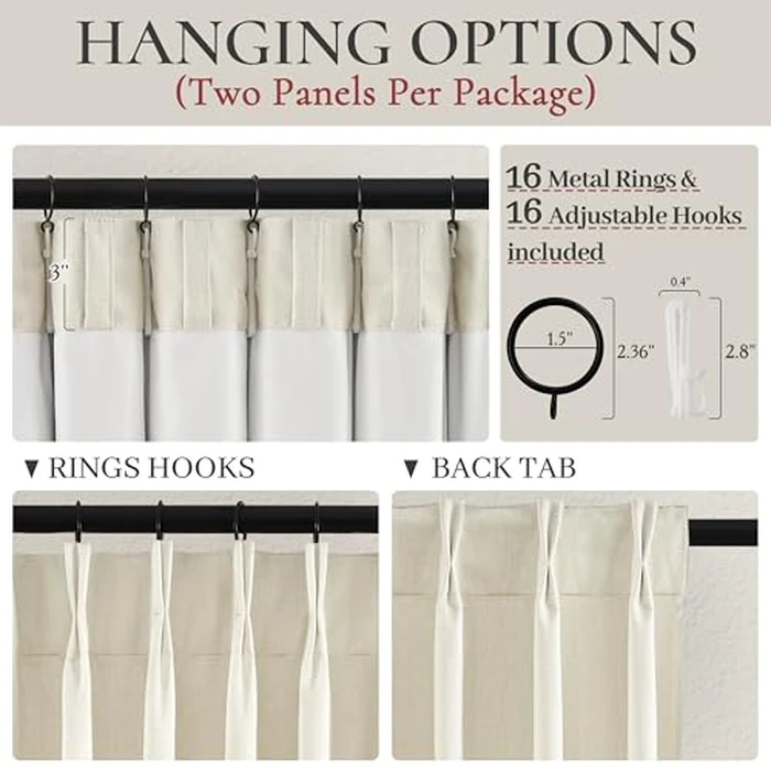 QJmydeco Pinch Pleat Cream Linen 102 Inch Long Curtains for Dining Room 2 Panels Set, Neutral Blackout Viral Curtain with Hooks Rings Back Tab for Office/Sunroom Privacy Thermal Drapes 40" W x 102" L by QJmydeco - Image 4
