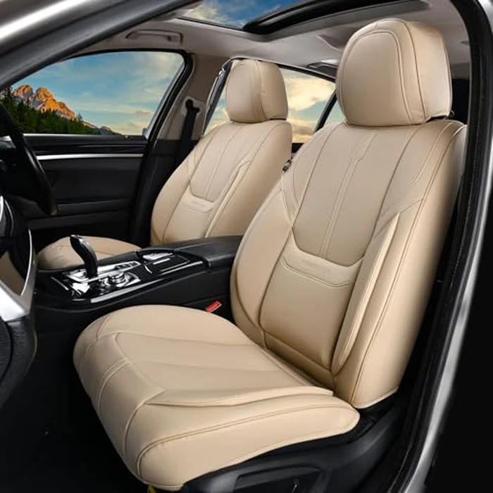 HOMOSTARRY Beige Leather Car Seat Cover Front Pair, Waterproof Car Seat Protector Cover Airbag Compatible, Vehicles Cushion Universal Fit for Most Sedans, Pick-up Trucks (Beige, Front Pair) by HOMOSTARRY - Image 1