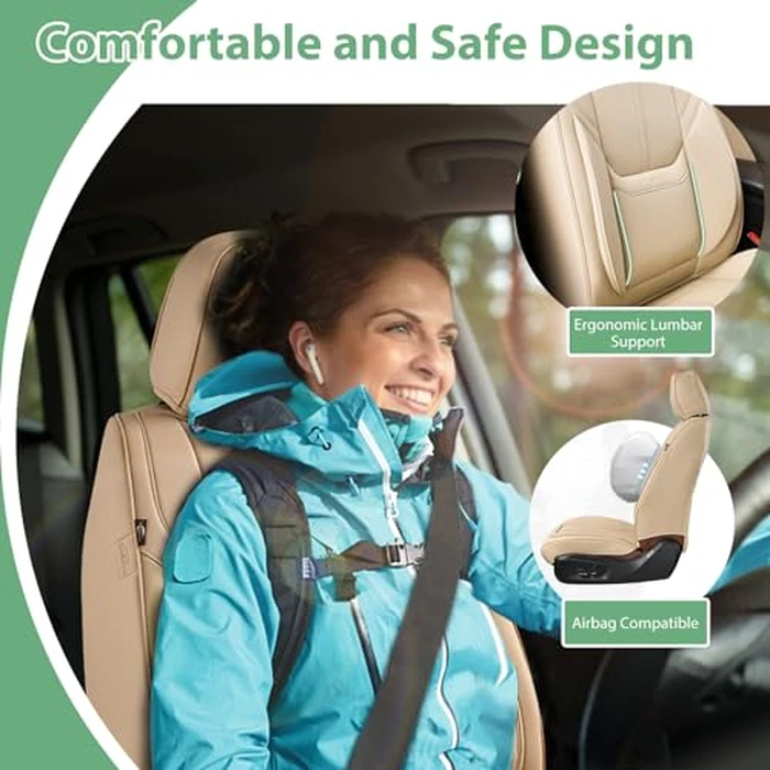 HOMOSTARRY Beige Leather Car Seat Cover Front Pair, Waterproof Car Seat Protector Cover Airbag Compatible, Vehicles Cushion Universal Fit for Most Sedans, Pick-up Trucks (Beige, Front Pair) by HOMOSTARRY - Image 4
