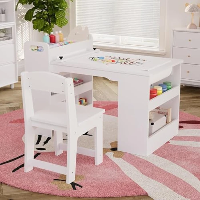 TackView Kids Art Table & 2 Chairs Set, Wooden Craft Desk w/Large Storage Shelves, Paper-Rod Holder, Toddler Drawing Activity Table for Home, Classroom, Daycare by Tackview - Used - Acceptable condition - CA$47.31