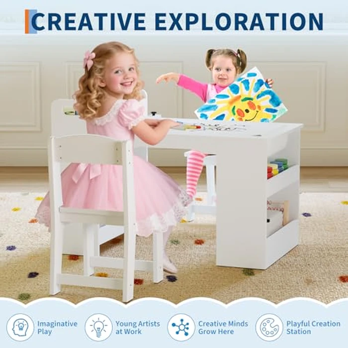 TackView Kids Art Table & 2 Chairs Set, Wooden Craft Desk w/Large Storage Shelves, Paper-Rod Holder, Toddler Drawing Activity Table for Home, Classroom, Daycare by Tackview - Image 2