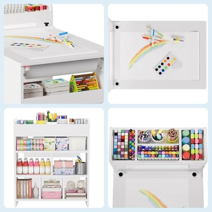 TackView Kids Art Table & 2 Chairs Set, Wooden Craft Desk w/Large Storage Shelves, Paper-Rod Holder, Toddler Drawing Activity Table for Home, Classroom, Daycare by Tackview - Image 4