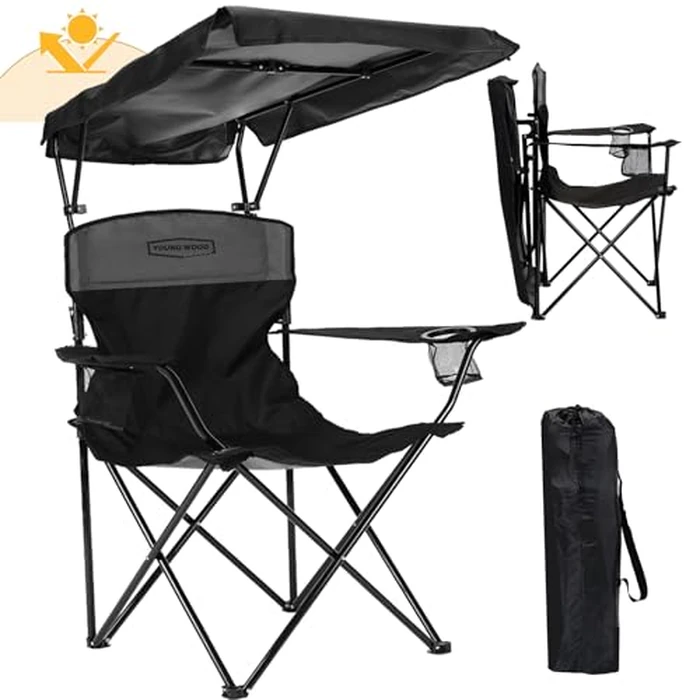 YOUNG WOOD Camping Chair with Canopy, Beach Chair with Shade,Portable,Lightweight Oversized for All, Easy to Open and Close Without Installation, Side Pocket Design for All Outdoor Activities，Black by YOUNG WOOD - Image 1