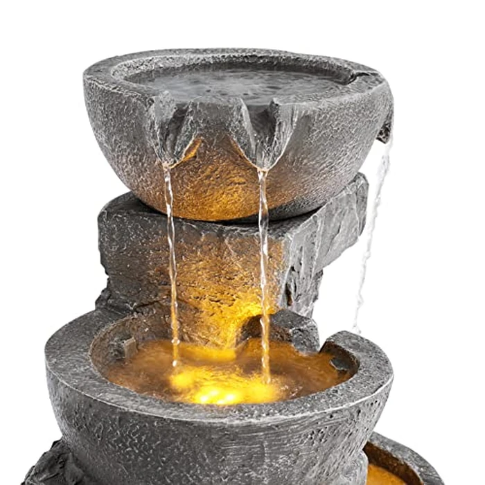 Teamson Home 33" Outdoor Water Fountain with LED Lights, 3-Tier Cascading Bowls, Weather-Resistant Resin Garden Water Feature for Patio, Lawn, and Backyard Decor - Stone Gray by Teamson Home - Image 5