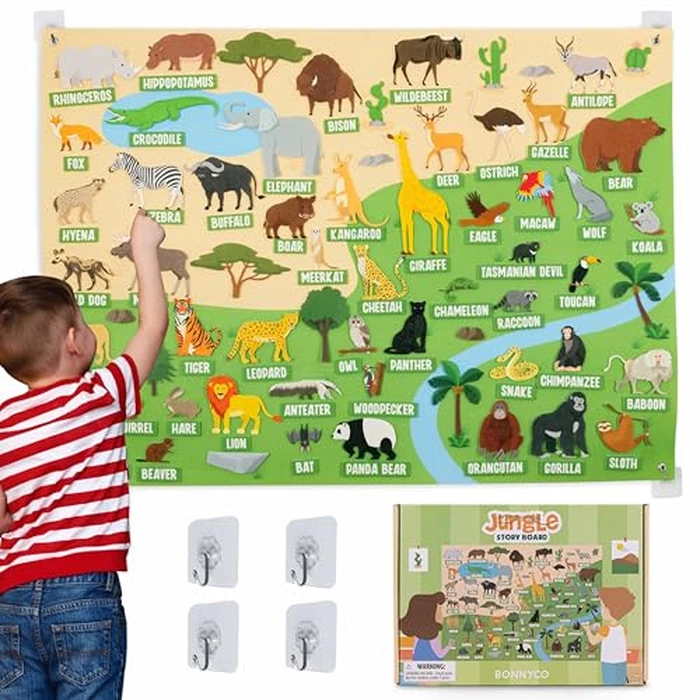 BONNYCO Felt Board for Toddlers with 116 Jungle Animals Figures. Montessori and Sensory Toys, Birthday Gifts for Kids 3-8 Years Old. Educational Games Learning Activities Christmas by BONNYCO - Used - Very Good condition - US$14.66