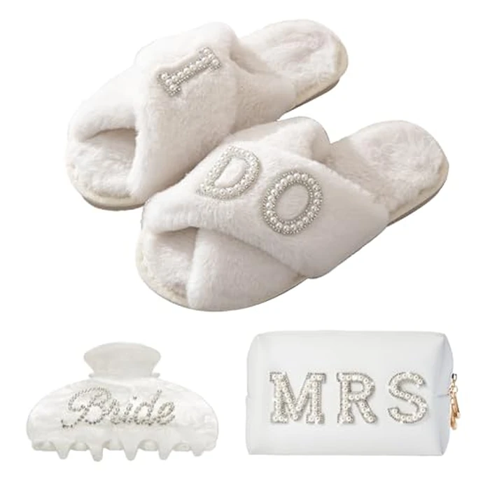 Auch Bride to Be Gift Set Makeup Bag I Do Slippers Hair Clip Bridal Shower Makeup Pouch Gifts for Wedding (Bride) by AUCH - Used - Good condition