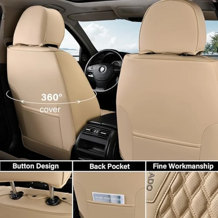 Coverado Car Seat Covers Full Set, Waterproof Nappa Leather Seat Covers for Cars, Front and Back Car Seat Protector, Luxury Car Seat Covers, 5 Seats Universal Beige Car Seat Cover Fit for Most Cars by Coverado - Image 2