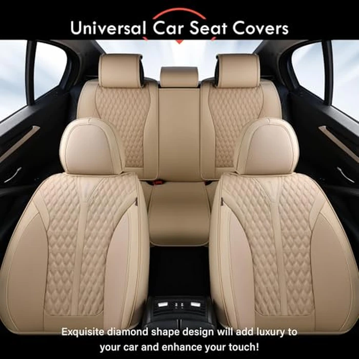 Coverado Car Seat Covers Full Set, Waterproof Nappa Leather Seat Covers for Cars, Front and Back Car Seat Protector, Luxury Car Seat Covers, 5 Seats Universal Beige Car Seat Cover Fit for Most Cars by Coverado - Image 8