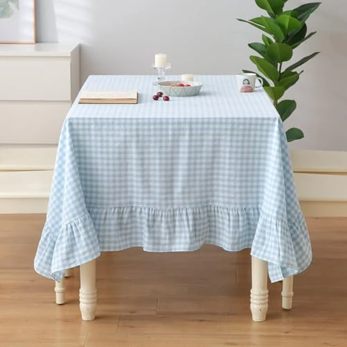 K MASANIJI Light Blue White Plaid Gingham Ruffled Table Cloth Rectangular Seat 8-10, 100% Washed Cotton Buffet Cottage Coquette Checker Vintage Decorative Tablecloth- 305x152cm by K MASANIJI - Used - Acceptable condition