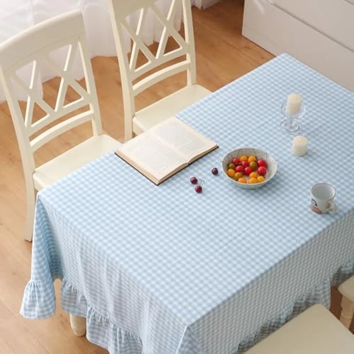 K MASANIJI Light Blue White Plaid Gingham Ruffled Table Cloth Rectangular Seat 8-10, 100% Washed Cotton Buffet Cottage Coquette Checker Vintage Decorative Tablecloth- 305x152cm by K MASANIJI - Image 3