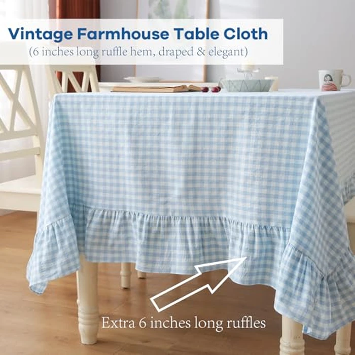 K MASANIJI Light Blue White Plaid Gingham Ruffled Table Cloth Rectangular Seat 8-10, 100% Washed Cotton Buffet Cottage Coquette Checker Vintage Decorative Tablecloth- 305x152cm by K MASANIJI - Image 4