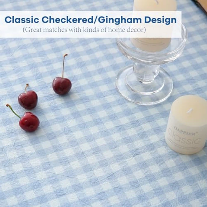 K MASANIJI Light Blue White Plaid Gingham Ruffled Table Cloth Rectangular Seat 8-10, 100% Washed Cotton Buffet Cottage Coquette Checker Vintage Decorative Tablecloth- 305x152cm by K MASANIJI - Image 5