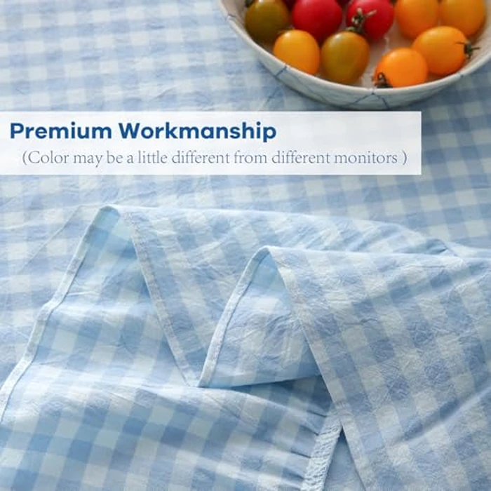 K MASANIJI Light Blue White Plaid Gingham Ruffled Table Cloth Rectangular Seat 8-10, 100% Washed Cotton Buffet Cottage Coquette Checker Vintage Decorative Tablecloth- 305x152cm by K MASANIJI - Image 6