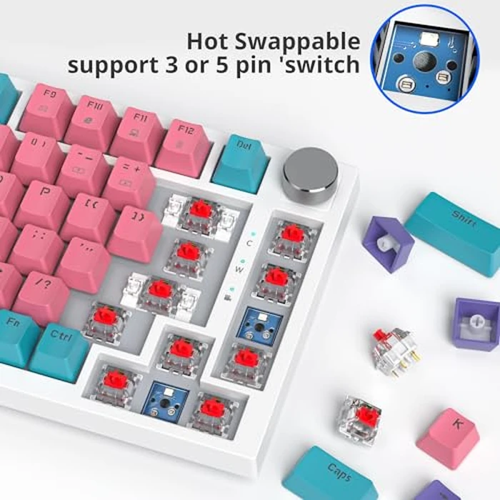Fogruaden Wired Hot Swappable 75% Percent Mechanical Keyboard, Red Switch, TKL Pink Mechanical Keyboard, Gasket Mount, RGB Backlit Compact Gaming Keyboard with Volume Knob(Pink) by Fogruaden - Image 3